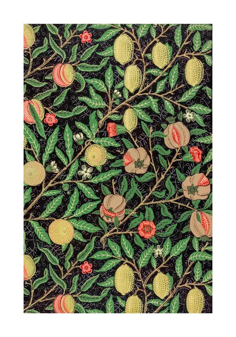 Botanisch patroon van William Morris met takken vol citroenen en granaatappels.