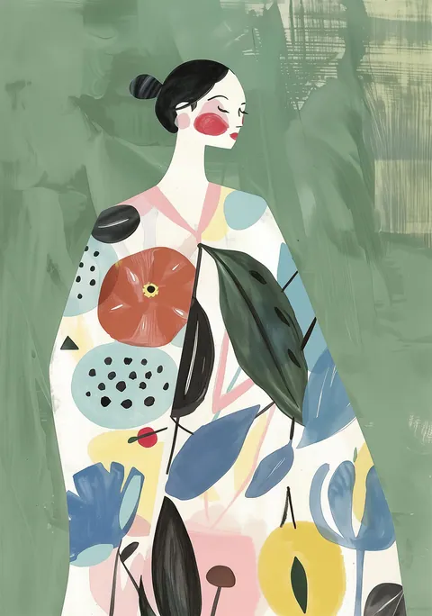 Illustratie van een vrouw in een jurk met bloemen en fruit tegen een groene achtergrond