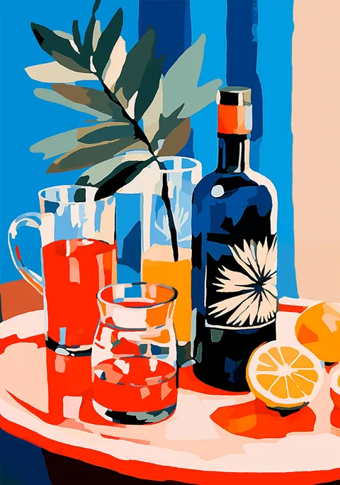 Kleurrijke illustratie van een tafel met drankjes, fles en citroenen tegen een blauwe achtergrond