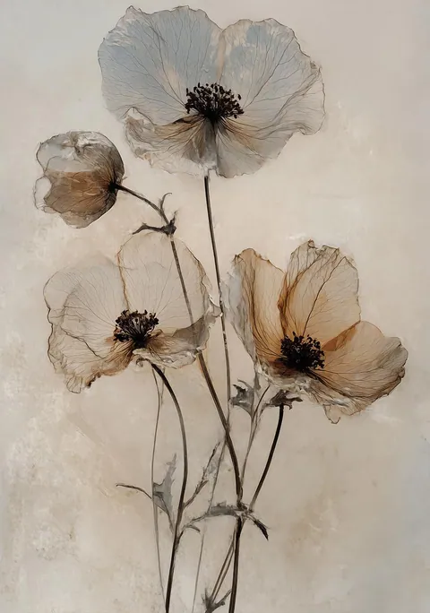 Gedroogde bloemen met transparante blaadjes in zachte bruine en beige tinten.