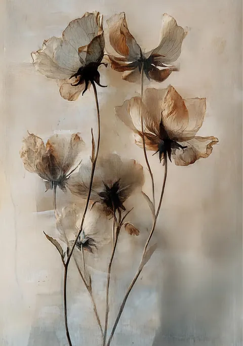 Schildering van gedroogde bloemen in zachte beige en bruine tinten