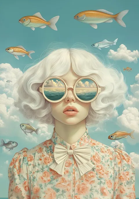 Surrealistische illustratie van een vrouw met zonnebril en zwevende vissen in de lucht