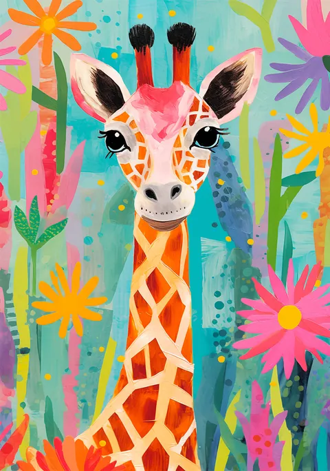 Kleurrijke geschilderde giraffe tussen felle bloemen en een turquoise achtergrond