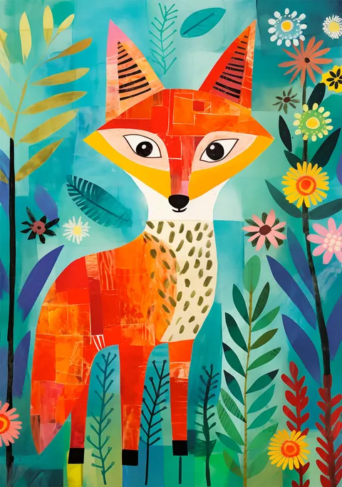 Geïllustreerde oranje vos in collage stijl tussen bloemen en bladeren