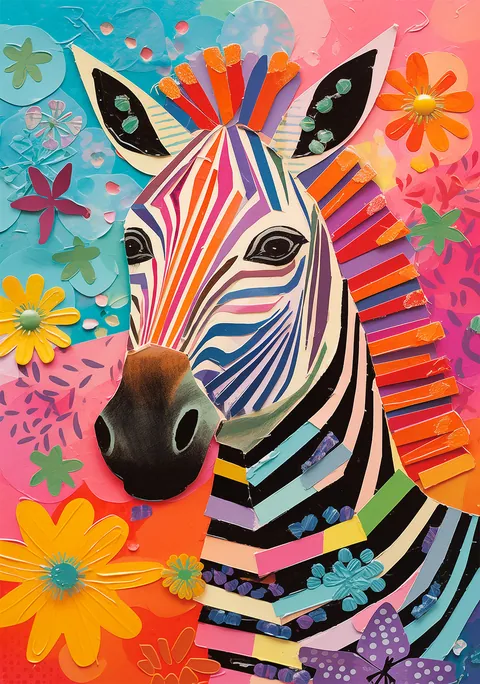 Kleurrijke collage van een zebra omringd door vrolijke bloemen op een roze achtergrond