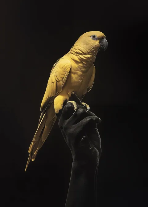 Een felgele papegaai zit op een zwarte hand tegen een zwarte achtergrond.