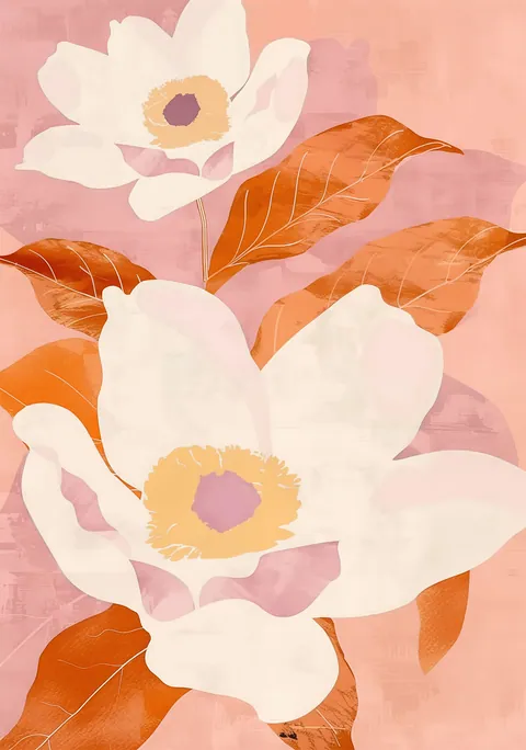 Illustratie van grote witte bloemen met terracotta bladeren op een zachtroze achtergrond