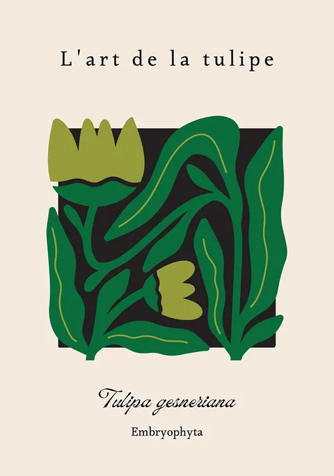 Botanische illustratie van groene tulpen op een zwart vlak met Franse typografie.