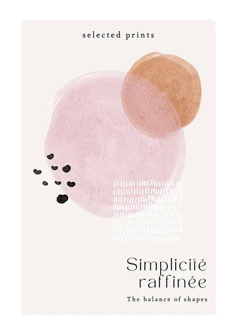 Abstracte poster met roze en terracotta geschilderde cirkels, zwarte stippen en Franse typografie.