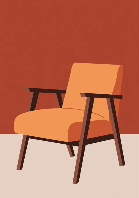 Grafische illustratie van een oranje retro fauteuil met donker houten leuningen tegen een terracotta achtergrond