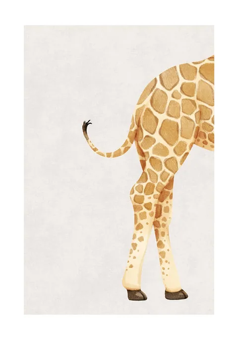 Aquarel van de achterkant, poten en staart van een giraffe op beige achtergrond.
