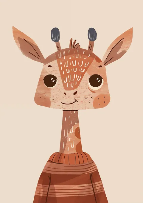 Illustratie van een vriendelijke giraffe met een gestreepte trui in warme aardetinten.