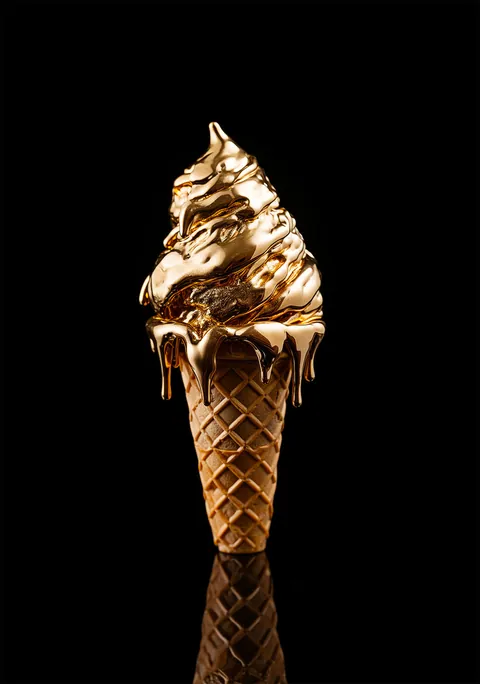Gouden zacht ijsje op een wafelhoorn tegen een zwarte achtergrond met weerspiegeling.