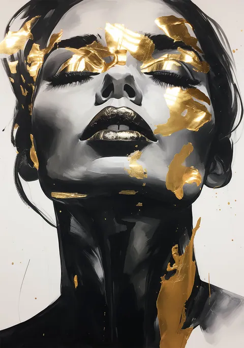 Zwart-wit portret van een vrouw met gouden verfstrepen over haar gezicht.