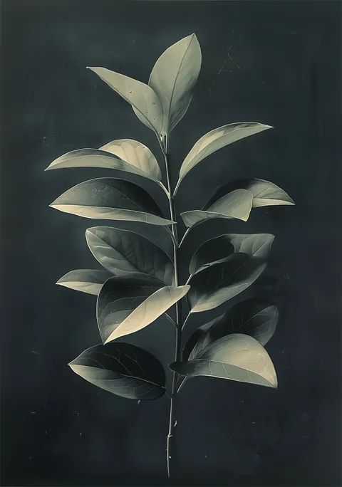 Botanische illustratie van een tak met grote groene bladeren tegen een donkere achtergrond