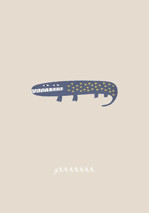 Illustratie van een blauwe krokodil met gele driehoekjes op een beige achtergrond