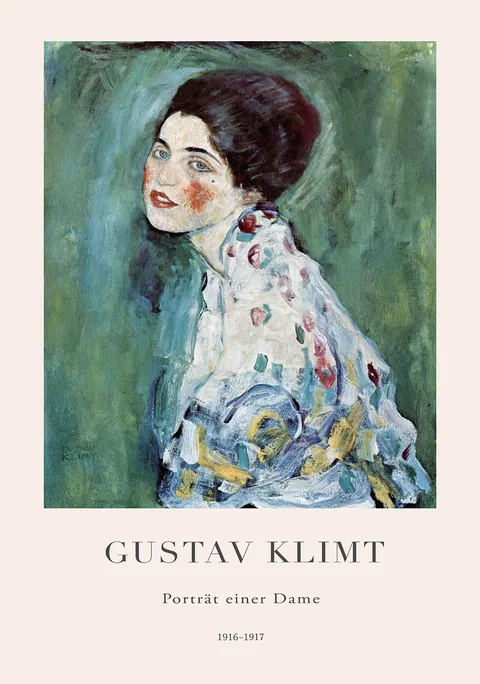 Schilderij van Gustav Klimt met een vrouw tegen een groene achtergrond