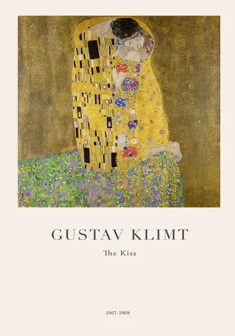 Poster van het kunstwerk De kus van Gustav Klimt met goudtinten en typografie.