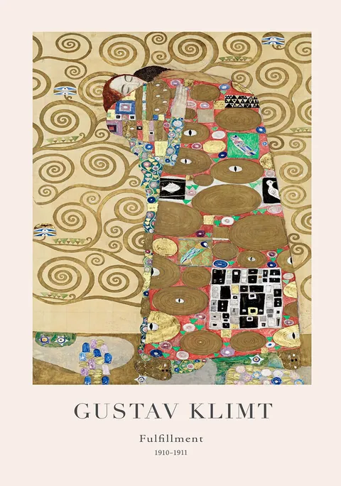 Schilderij van Gustav Klimt met een omhelzend paar en gouden spiralen op de achtergrond.