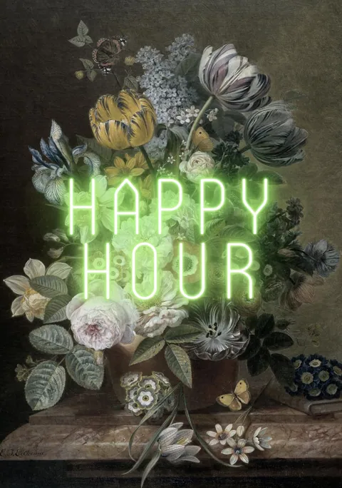 Klassiek bloemstilleven in een vaas met felgroene oplichtende neonletters Happy Hour