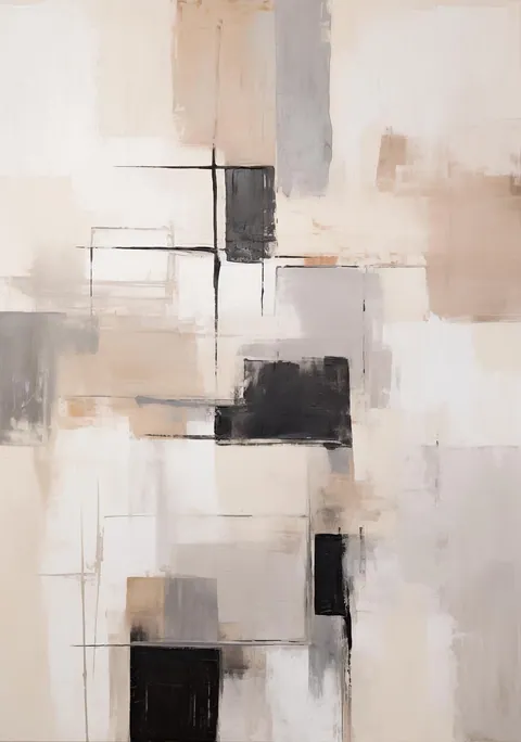 Abstract schilderij met beige, grijze en witte vlakken en zwarte rechthoeken