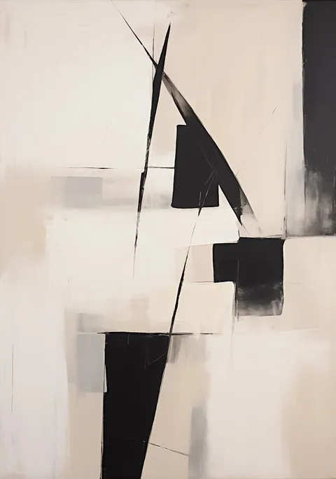 Abstract schilderij met zwarte geometrische vormen en lijnen op een beige achtergrond.