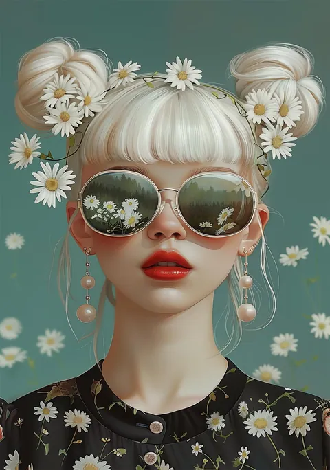 Illustratie van een blond meisje met madeliefjes in haar haar en een zonnebril