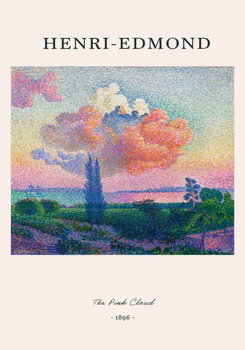Pointillistisch schilderij van een grote roze wolk boven een groen kustlandschap