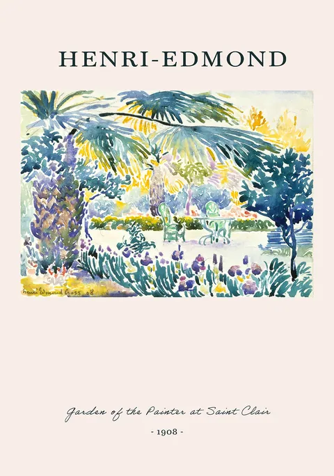 Kunstposter met een geschilderde Franse tuin vol palmbomen en bloemen in waterverf.