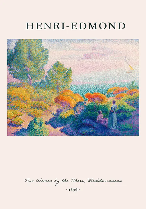 Pointillistisch schilderij van twee vrouwen aan de kust met uitzicht op zee
