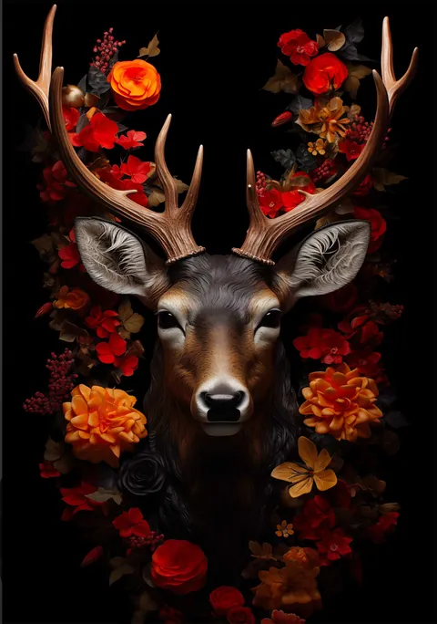 Portret van een hert omringd door rode en oranje bloemen op een zwarte achtergrond