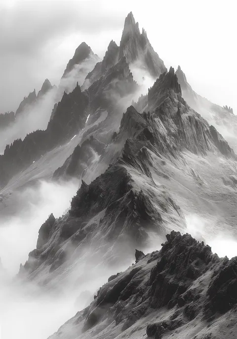 Zwart-witfoto van scherpe bergtoppen die oprijzen uit een dik wolkendek.