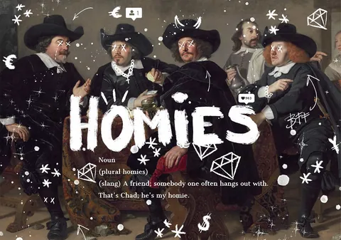 Klassiek zeventiende-eeuws groepsportret met witte graffiti doodles en het woord Homies