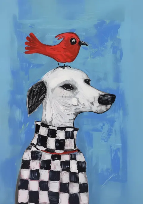 Schilderij van een witte hond in zwart-wit geblokte trui met een rode vogel.
