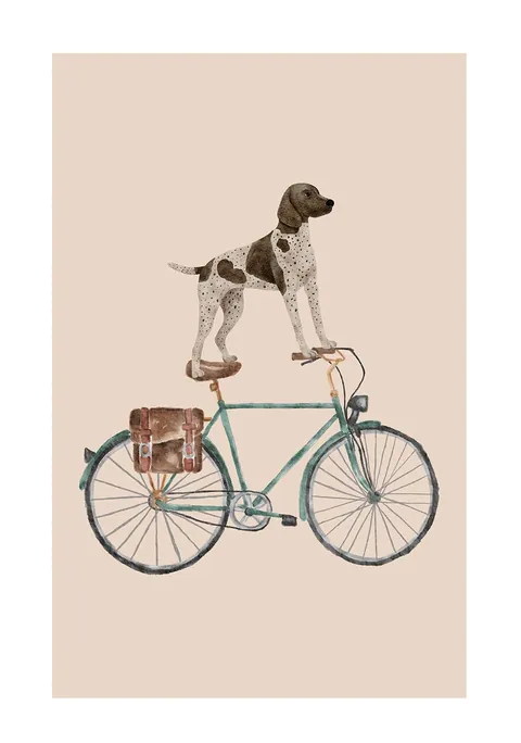 Aquarel van een staande jachthond balancerend op een klassieke groene fiets