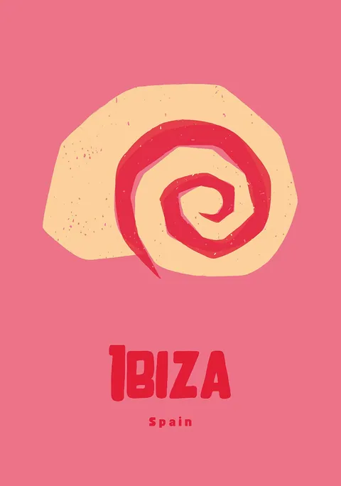 Grafische illustratie van een schelp in zand en roze met de tekst Ibiza Spain