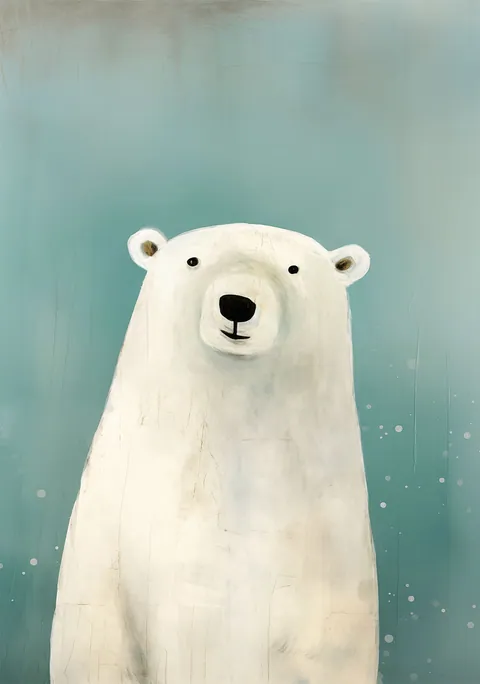Schildering van een vriendelijke witte ijsbeer tegen een zachtblauwe achtergrond met sneeuw.