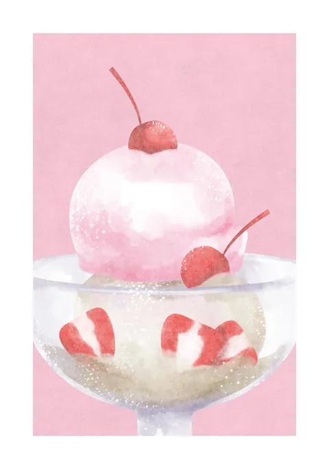 Aquarel illustratie van een ijscoupe met kersen en aardbeien op een roze achtergrond.