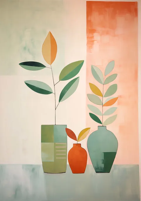 Schilderachtige illustratie van drie vazen met takken in groen en terracotta