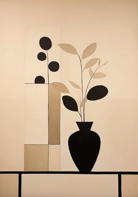 Abstracte illustratie van een zwarte vaas met bladeren op een beige achtergrond met kleurvlakken