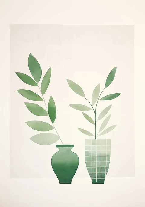 Schildering van twee groene vazen met bladeren op een lichte achtergrond.