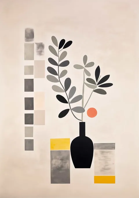 Illustratie van zwarte vaas met takken en geometrische kleurvlakken op beige achtergrond
