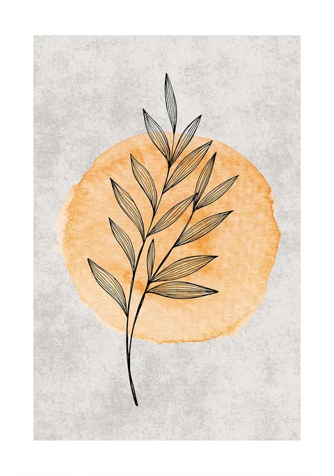 Lijntekening van een eucalyptustak voor een ronde oranje aquarel vlek op lichte achtergrond.