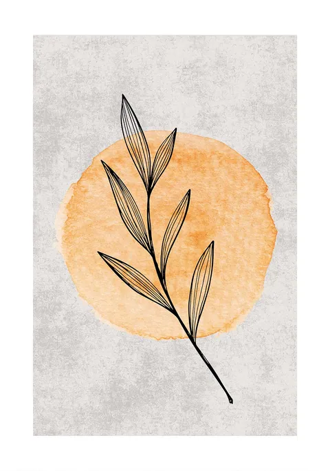 Lijntekening van een eucalyptustak voor een oranje aquarel cirkel op lichte achtergrond.