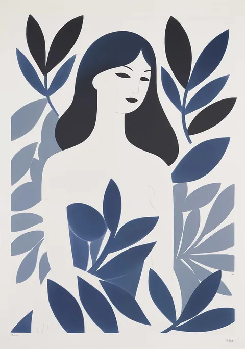 Grafische illustratie van een vrouw omringd door donkerblauwe bladeren op een lichte achtergrond
