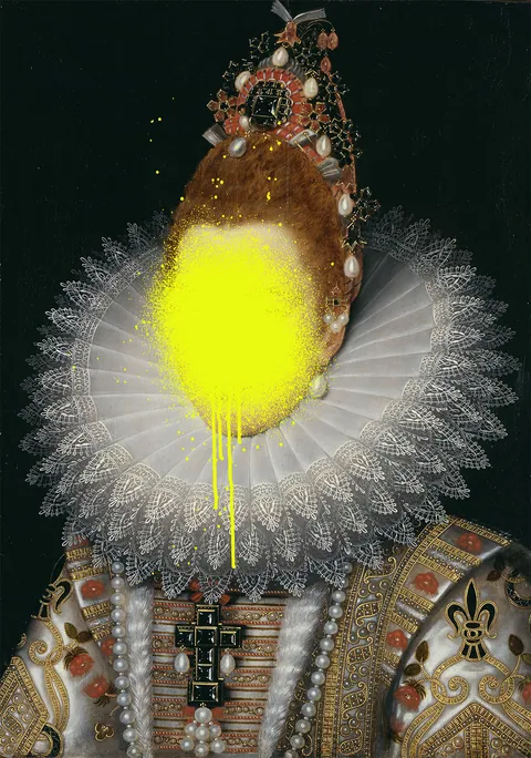 Klassiek schilderij van een edelvrouw met een felle gele verfvlek over haar gezicht.