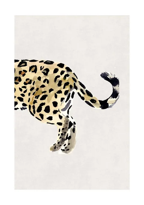 Aquarel van de achterkant en gekrulde staart van een jaguar op lichte achtergrond