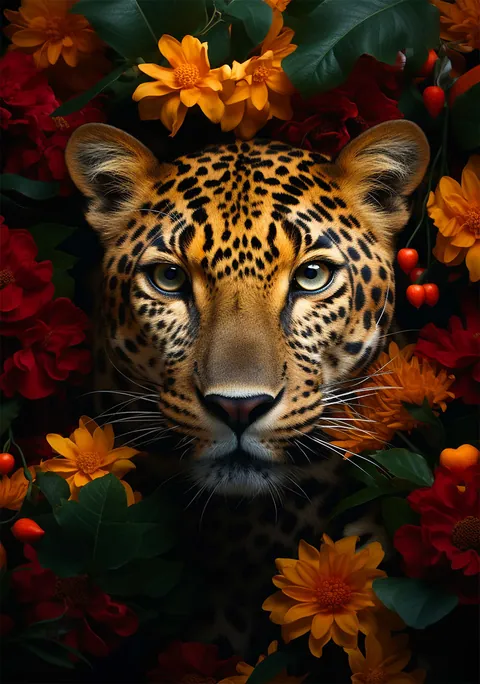 Portret van een jaguar omringd door oranje en rode bloemen tegen een donkere achtergrond.