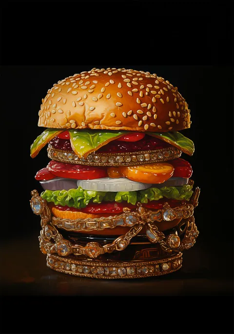 Schildering van een hamburger versierd met diamanten en gouden juwelen op zwarte achtergrond