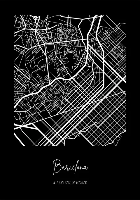 Zwart-wit plattegrond van Barcelona met witte stratenlijnen op een zwarte achtergrond